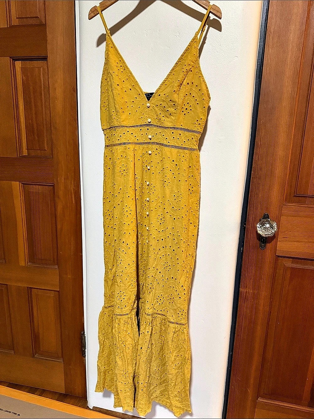 Simplee Apparel Simplee Eyelet Lace Insert Button Front Cami Maxi Dress Yellow &